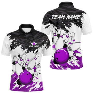 Maxcorners Bowling Shirt Custom Name Purple Black White Bowling Ball Personalized Team Jersey Gift For Men