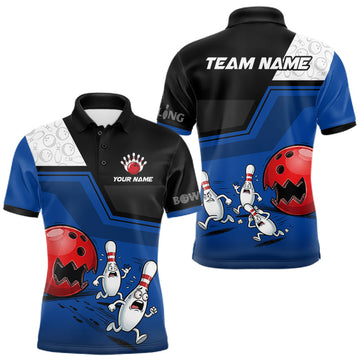 Maxcorners Custom Men Bowling Team Polo Shirt Blue Funny Pins Ball Design, Personalized Bowling Team Jersey