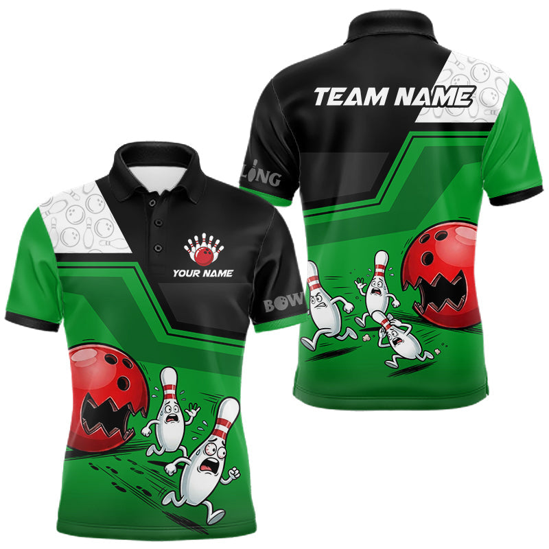 Maxcorners Custom Men Bowling Team Polo Shirt Green Funny Pins Ball Design, Personalized Bowling Team Jersey