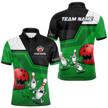 Maxcorners Custom Men Bowling Team Polo Shirt Green Funny Pins Ball Design, Personalized Bowling Team Jersey