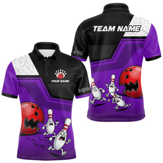 Maxcorners Custom Men Bowling Team Polo Shirt Purple Funny Pins Ball Design, Personalized Bowling Team Jersey