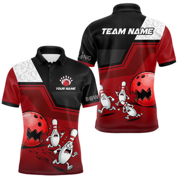 Maxcorners Custom Men Bowling Team Polo Shirt Red Funny Pins Ball Design, Personalized Bowling Team Jersey