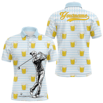 Maxcorners Funny Skull Golf Polo Shirts Beer Blue Argyle Pattern Custom Name Skull Playing Golf Apparel LM1904
