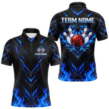 Maxcorners Custom Men Bowling Polo Shirt, Blue Flame Bowling Shirt, Personalized Name Team Bowling Polo