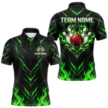 Maxcorners Custom Men Bowling Polo Shirt, Green Flame Bowling Shirt, Personalized Name Team Bowling Polo