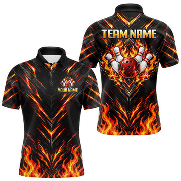 Maxcorners Custom Men Bowling Polo Shirt, Flame Bowling Shirt, Personalized Name Team Bowling Polo