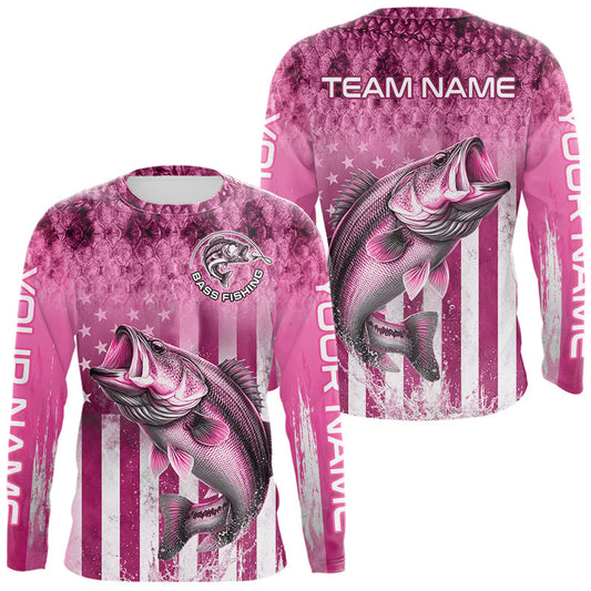 Maxcorners Custom Bass Fishing Shirt 3D Personalized Team Name Long Sleeve UV Protection Fishing Jersey|Pink LM2306