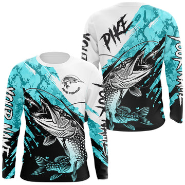 Maxcorners Personalized Turquoise Northern Pike Fishing Jersey, Team Pike Fishing Long Sleeve Shirt LM2704