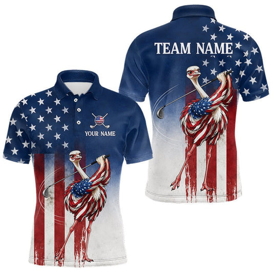 Maxcorners Custom American Flag Ostrich Mens Golf Polo Shirt â€“ Funny Patriotic Golf Team Shirt Personalized Gift LM2306