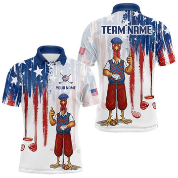 Maxcorners Funny Rooster American Flag Golf White Mens Golf Polo Shirts Custom Name Golf Gifts For Men LM2306