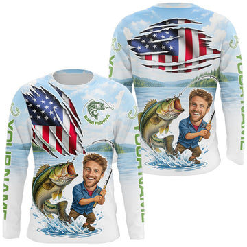 Maxcorners Personalized Bass Fishing Shirts Long Sleeve Custom Face Bass Fishing Patriot Shirt LM2603