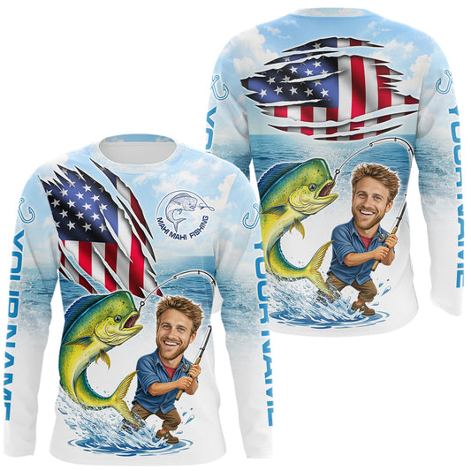 Maxcorners Personalized Mahi Mahi Fishing Shirts Long Sleeve Custom Face Mahi Mahi Fishing Patriot Shirt LM2603
