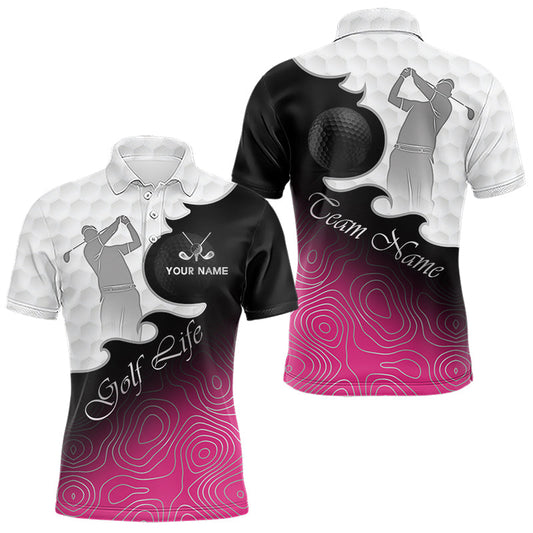Maxcorners Custom Mens Golf Polo Shirt Pink Black Gradient, Personalized Name Golf Shirt, Gift For Golfer LM2704