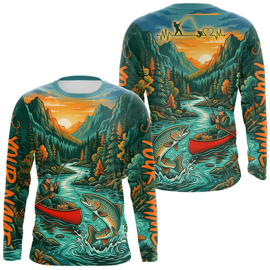 Maxcorners Trout Fishing 3D Long Sleeve Shirt Mountain River Landscape Fishing Apparel For Men LM2806