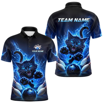 Maxcorners Men Cat Bowling Shirt Lightning Bowling Shirt Custom Name Team Shirt For Bowlers LM0409