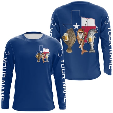 Maxcorners Texas Slam Funny Fishing Redfish, Trout, Flounder Fishing Shirts Long Sleeve For Men | Blue Navy LM2704