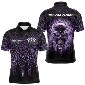 Maxcorners Personalized Purple Fire Skull Bowling Polo Shirt & Quarter Zip With Custom Team Name For Men LM2709