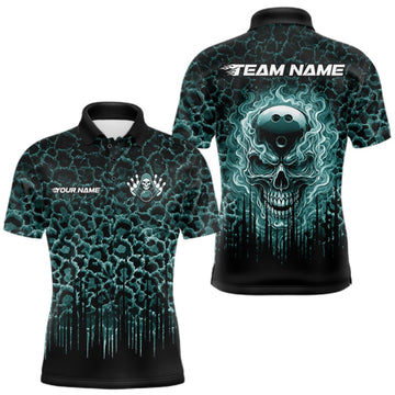 Maxcorners Personalized Green Fire Skull Bowling Polo Shirt & Quarter Zip With Custom Team Name For Men LM2709