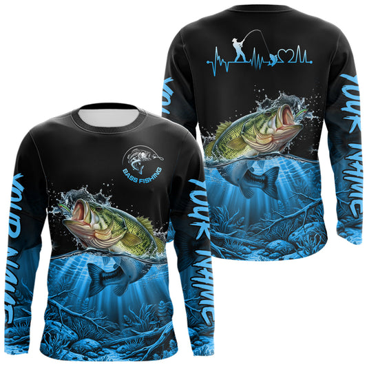 Maxcorners Largemouth Bass Fishing Shirt Long Sleeve For Tournament – Angler Gift For Men Dad| Blue LM1005