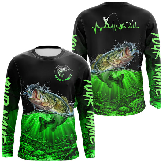 Maxcorners Largemouth Bass Fishing Shirt Long Sleeve For Tournament Angler Gift For Men Dad| Green LM1005