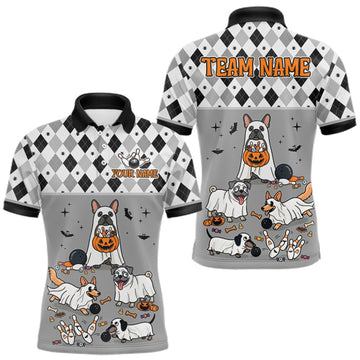 Maxcorners French Grey Bulldog Halloween Bowling Team League Shirt, Bowling Polo Jersey For Men LM0409