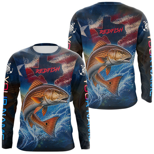 Maxcorners Texas Flag Redfish Long Sleeve Fishing Jersey, Red Drum Saltwater Performance UV Shirt For Men LM0607