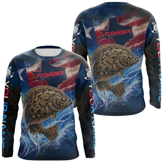 Maxcorners Texas Flag Flounder Long Sleeve Fishing Jersey, Flounder Saltwater Performance UV Shirt For Men LM0607