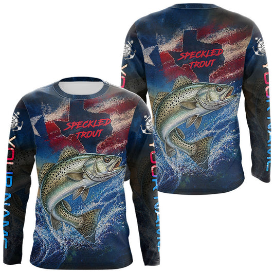 Maxcorners Texas Flag Speckled Trout Long Sleeve Fishing Jersey, Trout Saltwater Performance UV Shirt For Men LM0607