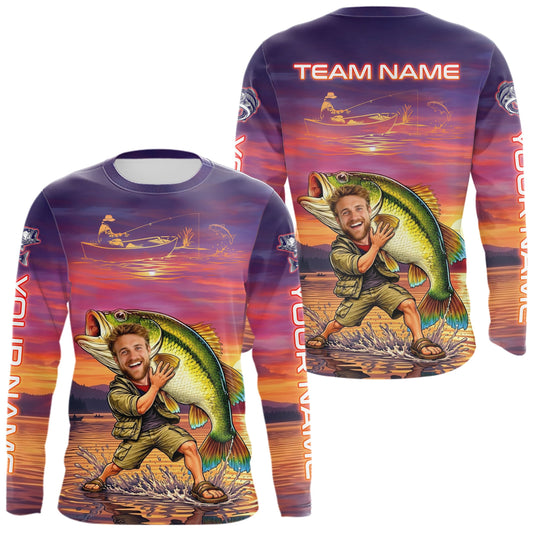Maxcorners Custom Fathers Day Bass Fishing Shirts Long Sleeve With Face, Personalized Funny Dad Fishing Button Shirt LM0404