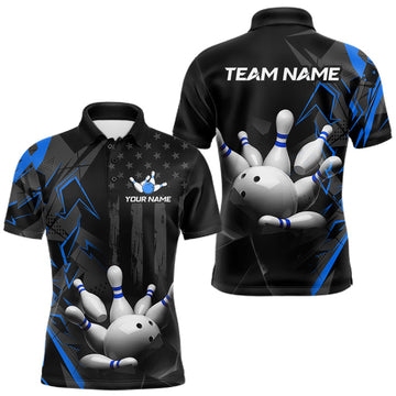 Maxcorners Custom Bowling Team Men Polo Shirt Quarter Zip 1/4 Personalized Name Performance Bowling Jersey|Blue