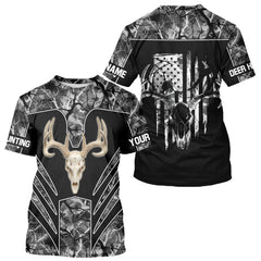 Maxcorners Beautiful Gray Black Camo Deer Hunting Shirt With Skull Print And US Flag Hunting Gifts LM2608