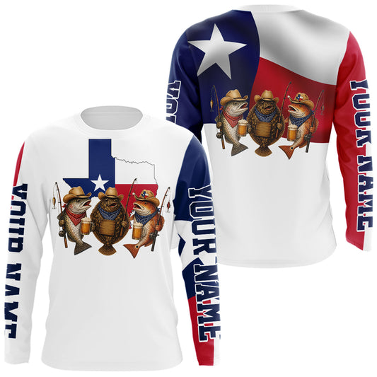 Maxcorners Funny Cowboy Trout, Flounder, Redfish Texas Flag Long Sleeve Fishing Shirts Apparel|White LM0706