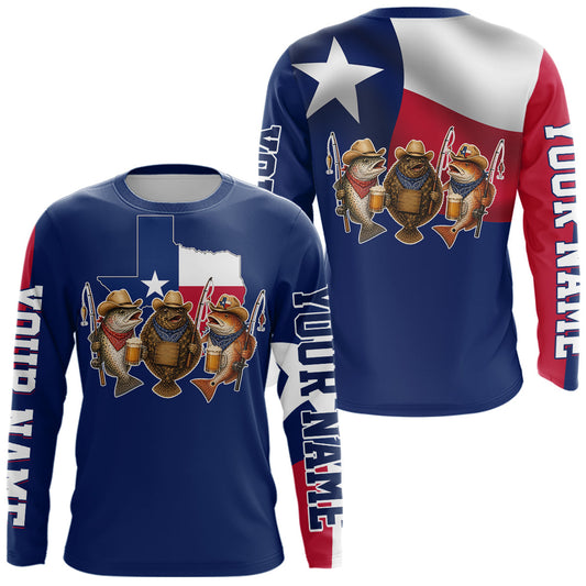 Maxcorners Funny Cowboy Trout, Flounder, Redfish Texas Flag Long Sleeve Fishing Shirts Apparel|Blue LM0706