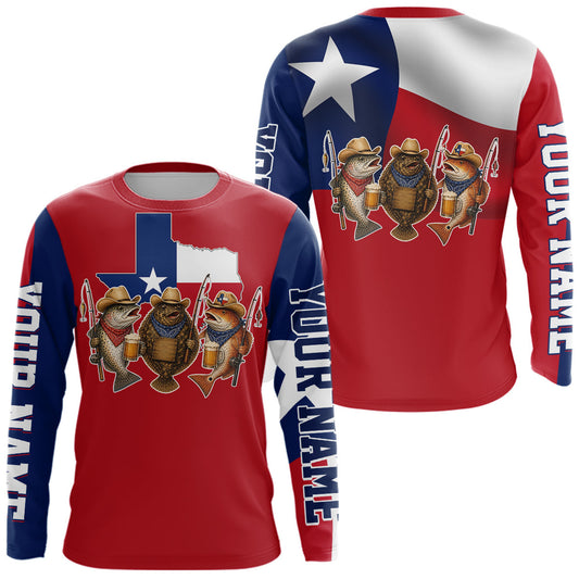Maxcorners Funny Cowboy Trout, Flounder, Redfish Texas Flag Long Sleeve Fishing Shirts Apparel|Red LM0706