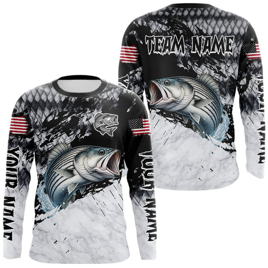 Maxcorners Custom Striped Bass Saltwater Fishing Shirts Long Sleeve, Bass Fishing Jersey For Men LM0503