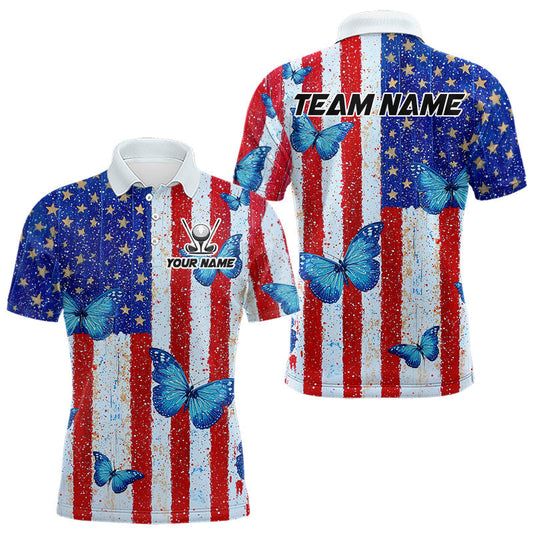 Maxcorners Personalized Blue Butterfly American Flag Polo – Custom Name Patriotic Golf Polo Shirt