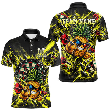 Maxcorners Cool Pineapple Dartboard Polo 1/4-Zip Shirt For Men Custom Yellow Black Darts Team Tournament Jersey