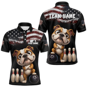 Maxcorners Personalized American Flag Bulldog Men Bowling Polo Shirt, Custom Patriotic Bowling Jersey