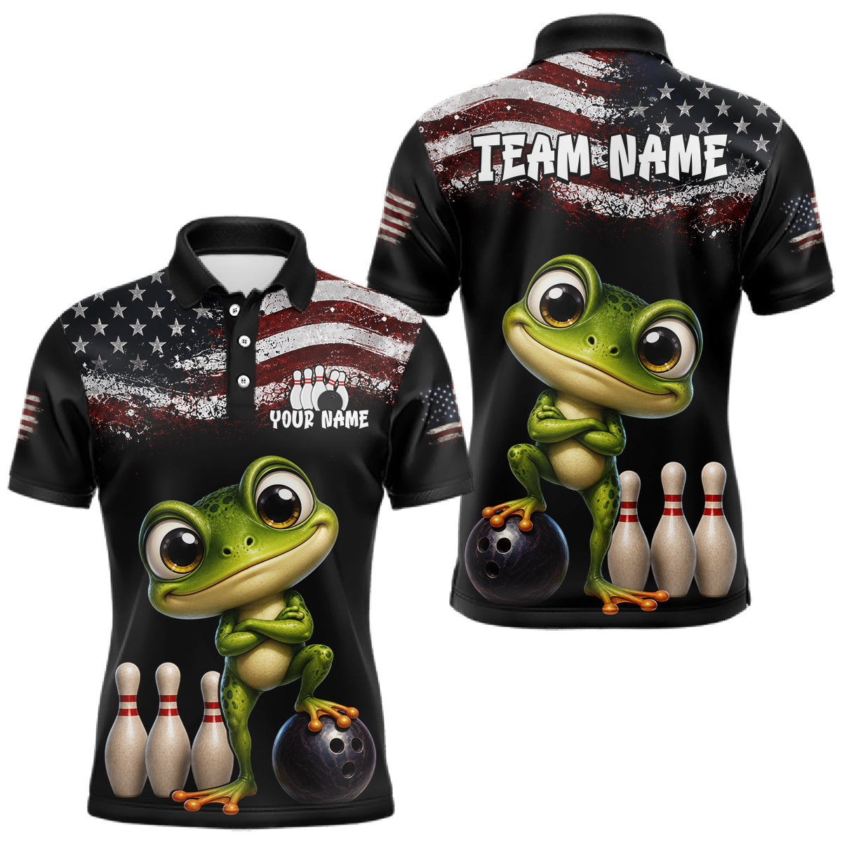 Maxcorners Personalized American Flag Frog Men Bowling Polo Shirt, Custom Patriotic Bowling Jersey