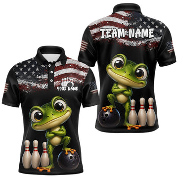 Maxcorners Personalized American Flag Frog Men Bowling Polo Shirt, Custom Patriotic Bowling Jersey