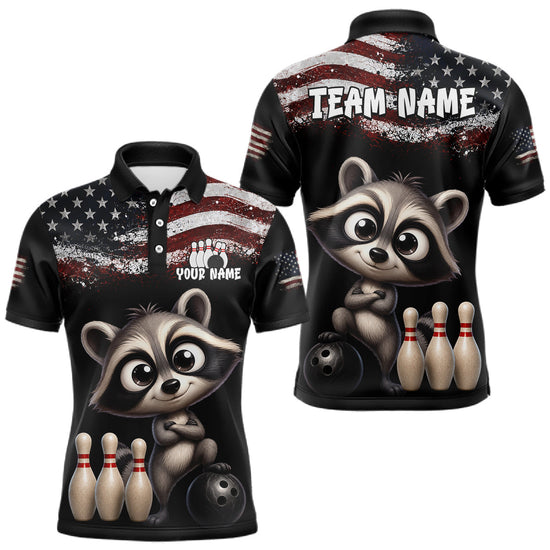 Maxcorners Personalized American Flag Raccoon Men Bowling Polo Shirt, Custom Patriotic Bowling Jersey