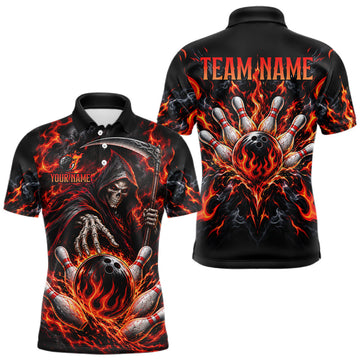 Maxcorners Personalized Red Grim Reaper Flaming Bowling Ball Polo Shirt, Flaming Skull Bowling Team Jersey Men LM0410