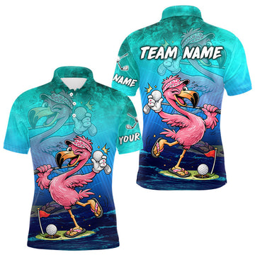 Maxcorners Personalized Flamingo Mens Golf Polo Shirt Custom Name And Team Teal Blue Funny Ocean Tropical Golf Outfit LM1307