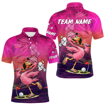 Maxcorners Personalized Flamingo Mens Golf Polo Shirt Custom Name And Team Hot Pink Funny Tropical Golf Outfit LM1307