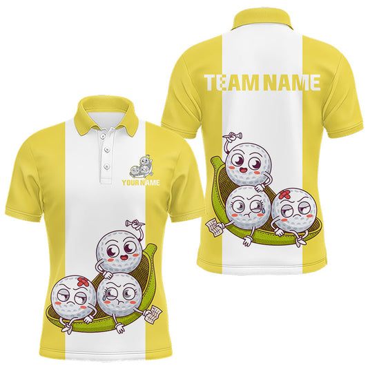 Maxcorners Mens Custom Yellow White Golf Team Polo Shirt, Funny Golf Ball Family Design, Matching Team Outfit