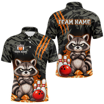 Maxcorners Funny Raccoon Bowling Shirt Custom Name Black Camo Orange Personalized Team Jersey For Men