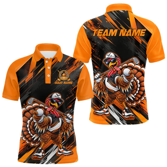 Maxcorners Custom Turkey Men Golf Polo Shirt, Funny Thanksgiving Golf Shirt, Orange Black Golf Team Apparel