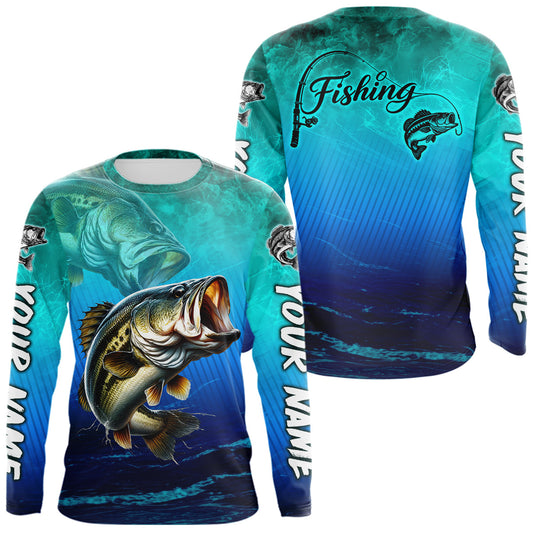 Maxcorners Custom Name Teal Blue Bass Fishing Jersey - Personalized 3D Long Sleeve Fishing Shirt LM2306