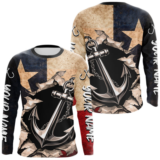 Maxcorners Patriotic Anchor Fishing Shirts Long Sleeve – Texas Flag Vintage Anchor Fisherman Shirt LM2603