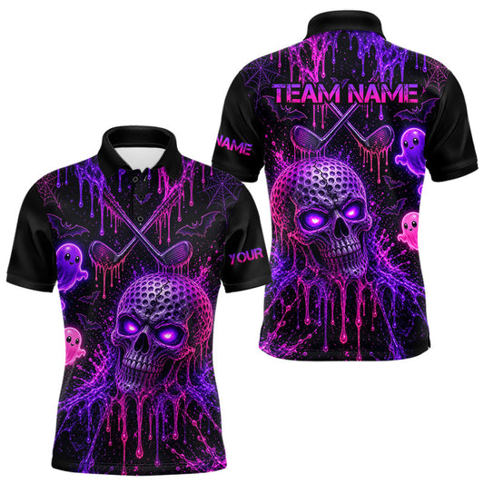 Maxcorners Custom Name Purple Pink Halloween Men Golf Polo Shirt, Spooky Neon Skull Ghost Golfing Apparel